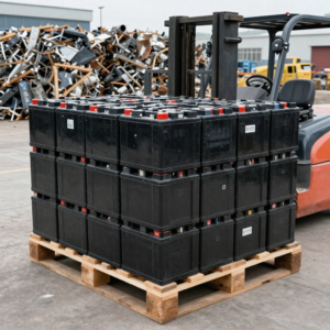 Pallet of used lead-acid scrap batteries stacked for recycling at Copper Plus Recycling Marrickville