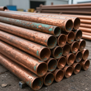 Bundle of old oxidized copper plumbing pipes for recycling at Copper Plus Recycling Marrickville