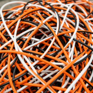 Heap of insulated copper wire and scrap electrical cabling for recycling at Copper Plus Recycling Marrickville