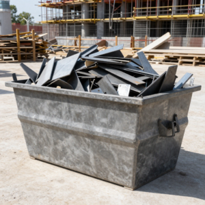 Large metal industrial skip bin filled with scrap metal for site cleanup at Copper Plus Recycling Marrickville