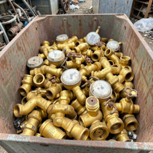 Pile of scrap yellow brass plumbing fittings and valves for recycling at Copper Plus Recycling Marrickville