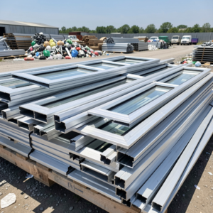 Stack of scrap aluminium window frames and metal extrusions at Copper Plus Recycling Marrickville